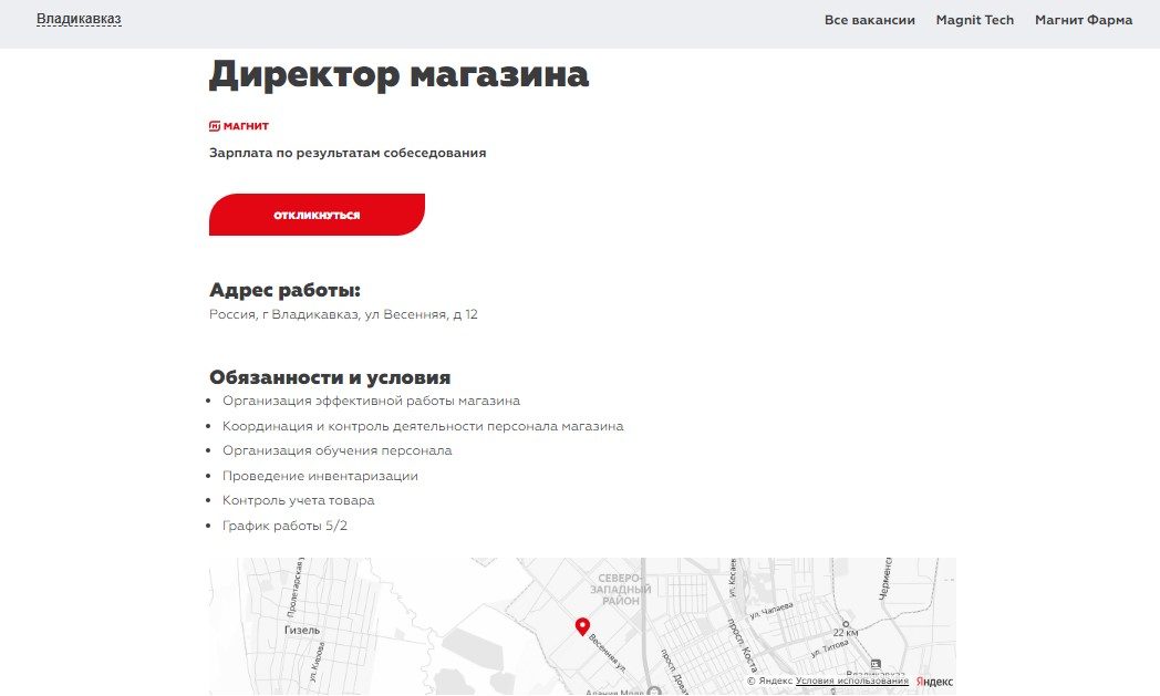 какие условия по вакансии директора магазина магнит